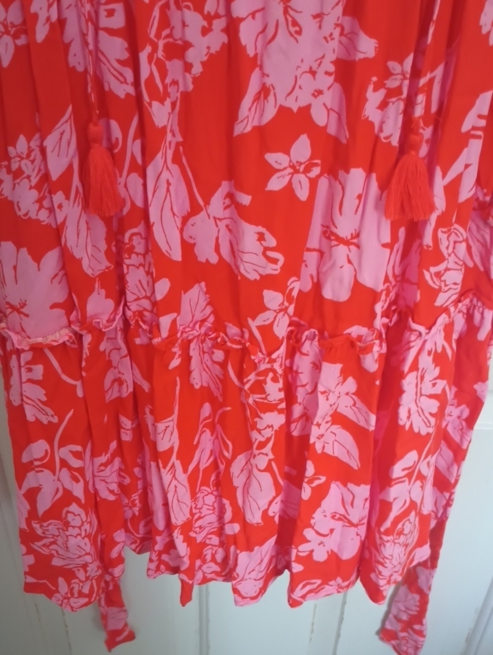 Absolutely Famous Coral and Light Pink Floral V-Neck Long Sleeve Tiered Dress - Picture 8 of 11